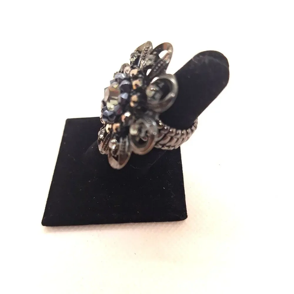 Stretch Statement Ring Clear & Black Rhinestones Gunmetal Tone